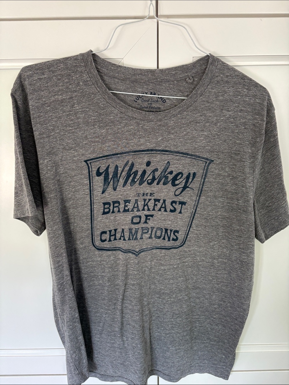 🍀 LUCKY BRAND ‘Whiskey The Breakfast of Champions’ Graphic Tee - Gray Large